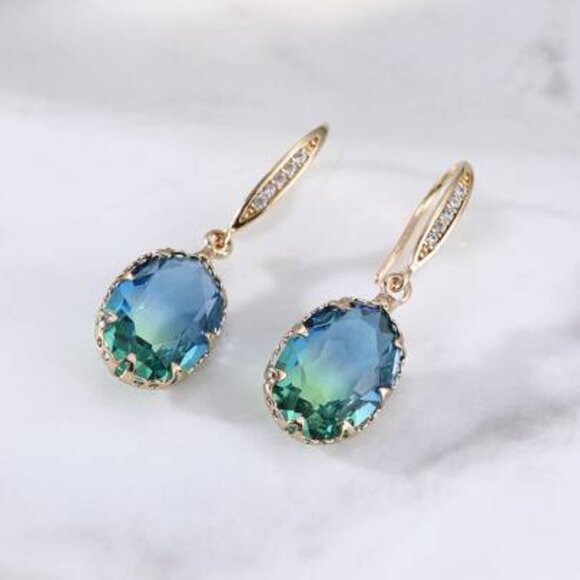 Blue-Green Gradient Crystal in Gold Drop Earrings - Picture 4 of 4